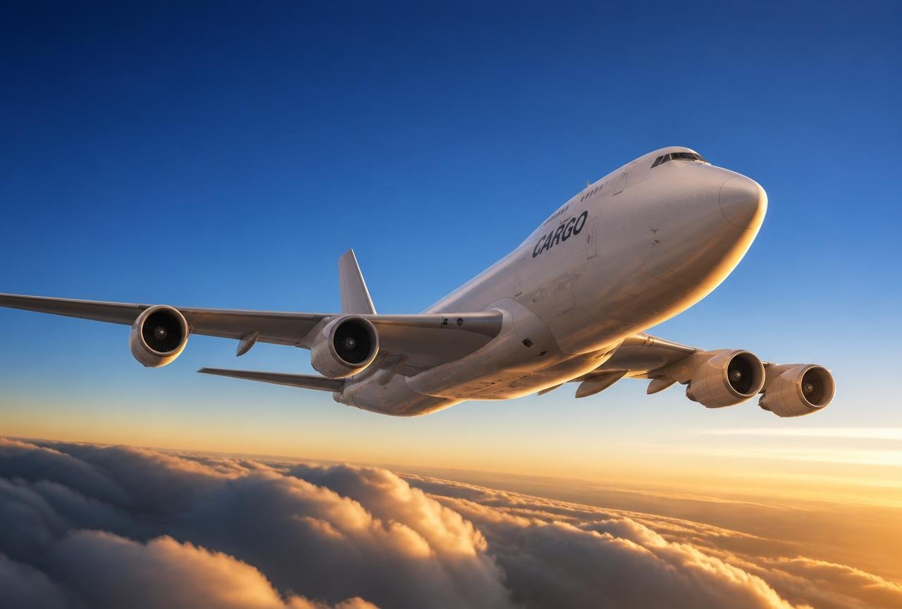 Global X cargo aircraft climbing above the clouds at sunset