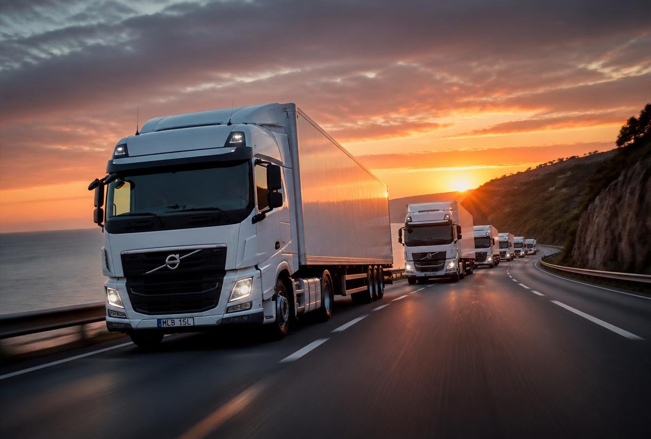 Fleet of Global X delivery trucks driving along a coastal highway at sunset