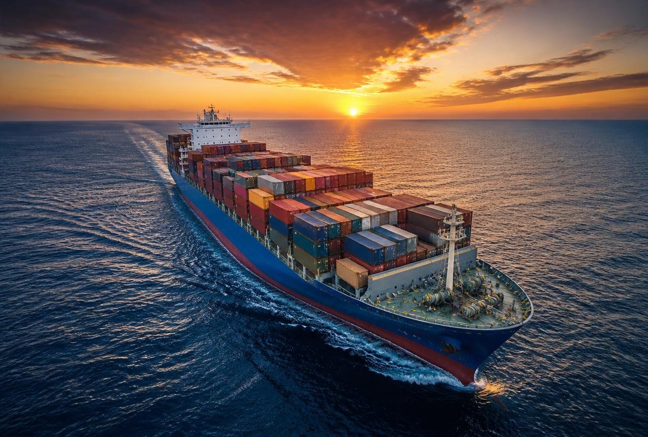 Container vessel loaded with shipping containers crossing the ocean at sunrise