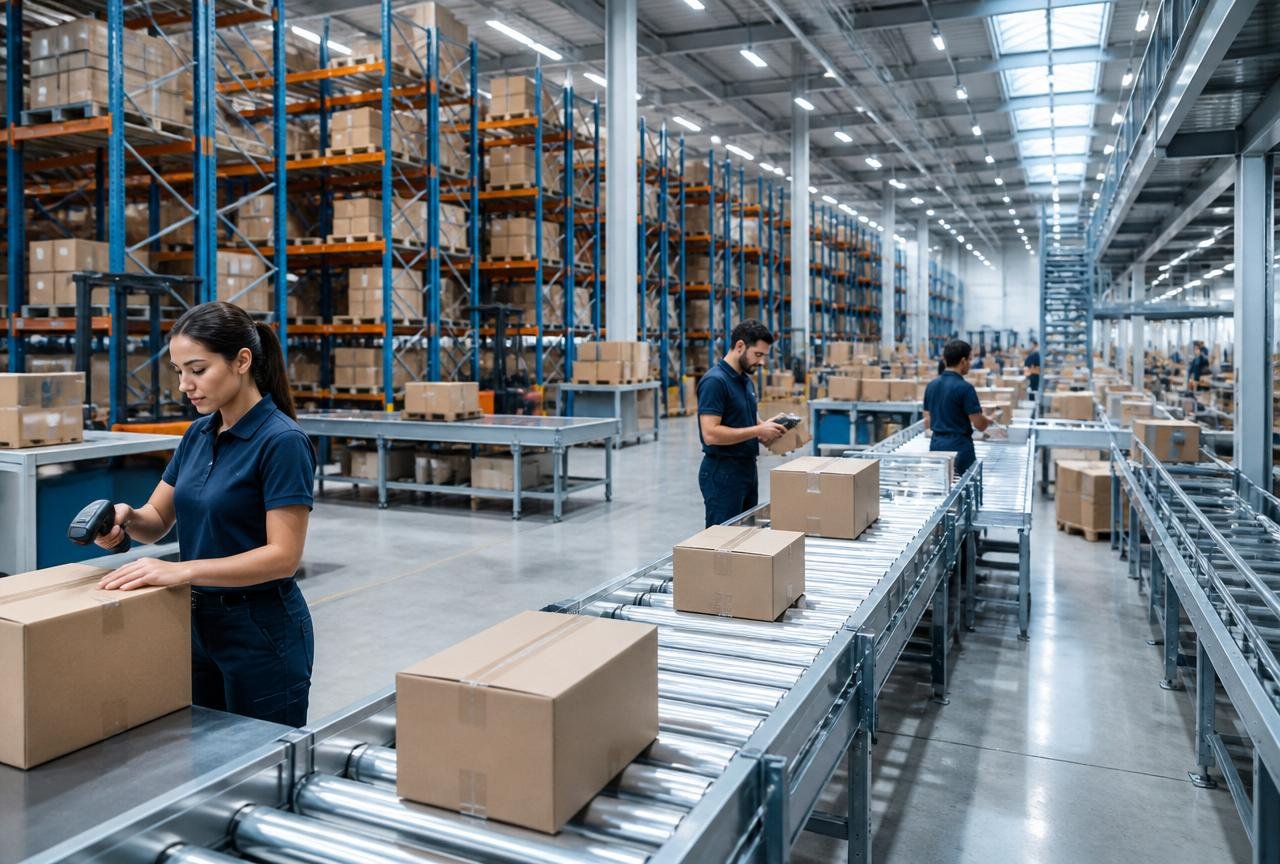 Parcels moving along conveyor belts inside a Global X sorting warehouse